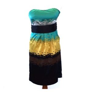 Multicolor Turquoise and Black Strapless Dress